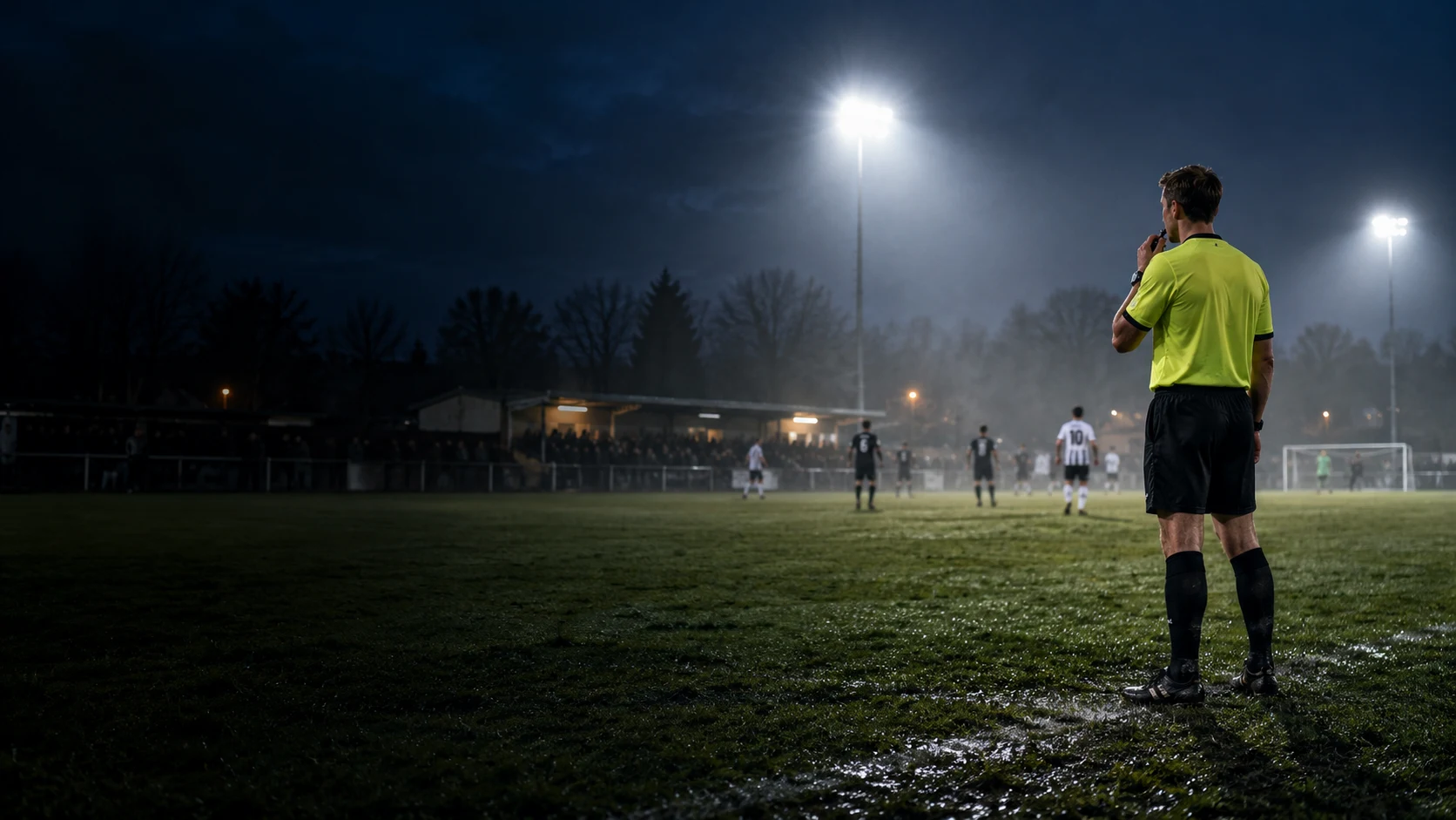 Conceptbeeld: een scheidsrechter bij een verlicht amateurvoetbalveld