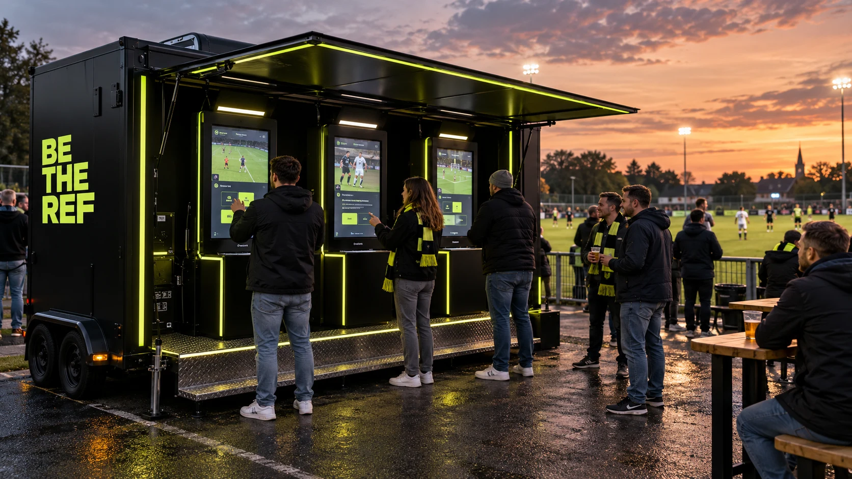 AI-conceptvisualisatie van een zwarte mobiele BE THE REF-trailer met interactieve schermen naast een voetbalveld